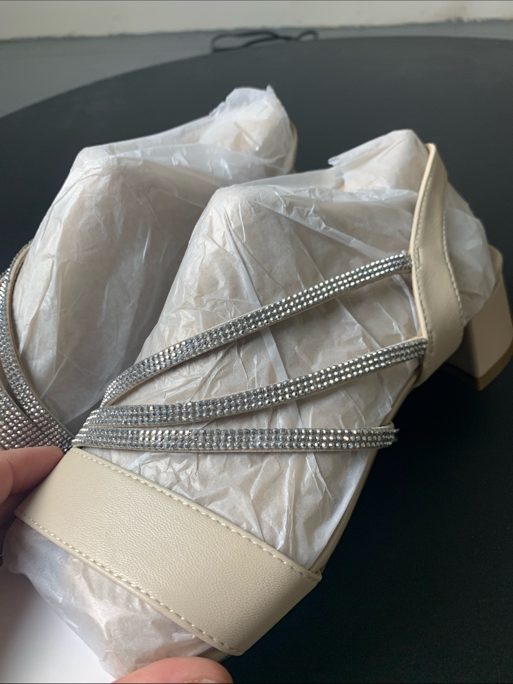 Life Stride Beige Slingback Heels with Silver Rhinestone Straps - Picture 4 of 7